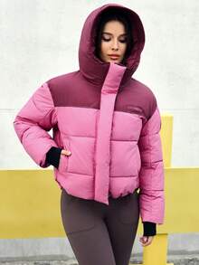 SHEIN Core Rhythm Áo khoác thể thao nữ có mũ, phối màu, dày dặn, màu hồng cánh sen, kiểu dáng thời trang, áo khoác phồng mùa đông cho nữ. - Màu Hồng Tươi - Xem 6