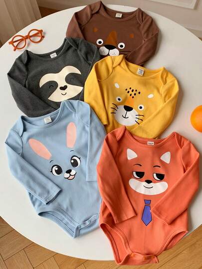SHEIN 5pcs/Set Baby Boys Adorable Animal Print Thermal Lined Bodysuit Outfit Set, Comfortable Casual Everyday Wear, Suitable For Indoor, Outdoor, Skiing, Sports, Party Festival, Christmas, New Year, Birthday, Fall/Winter Baby Animal Clothes Cute Baby Unisex Clothes Baby Cartoon Clothes