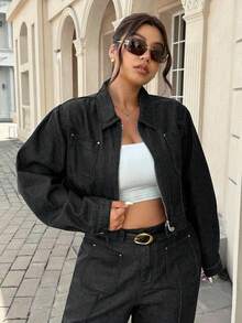 SHEIN ICON جاكيت كاجوال مغسول للنساء ذوات الحجم الكبير - الأسود - مشاهدة 3