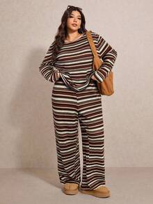 Elaquor Bộ 2 món áo thun dài tay kẻ sọc và quần ống rộng cho nữ cỡ lớn - Nhiều màu - Xem 2