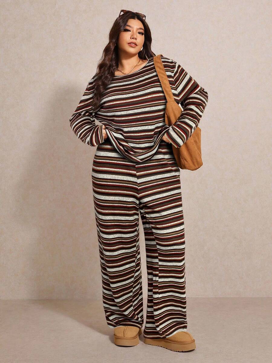 Elaquor Bộ 2 món áo thun dài tay kẻ sọc và quần ống rộng cho nữ cỡ lớn