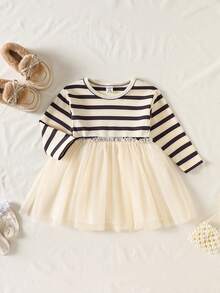 SHEIN Baby Girl Casual Striped Contrast Mesh Round Neck Long,Christmas Family Gathering Sleeve Dress, Autumn,Christmas Family Gathering Baby Striped Dress Baby Elegant Dress Party Baby Girl Long Sleeve Dress Beige Dresses For Baby Girls - White - View 9