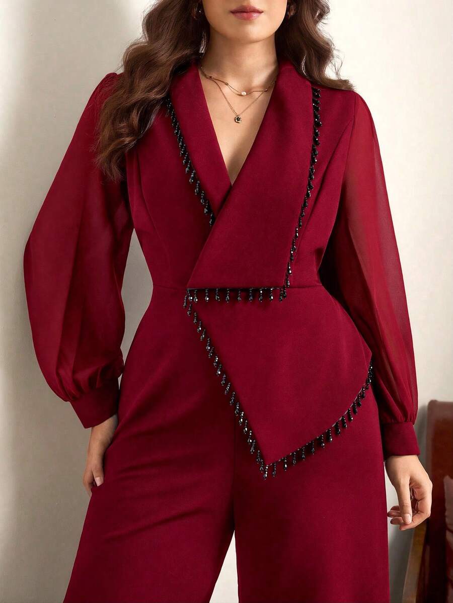 Chikora Plus Size Women's Elegant Lapel Long Sleeve Wide Leg Jumpsuit - Burgundy - View 1