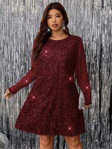 Reflora Đầm thời trang thanh lịch cổ tròn tay dài hở lưng màu trơn cỡ lớn cho nữ - Màu Đỏ Sâu - Xem 4