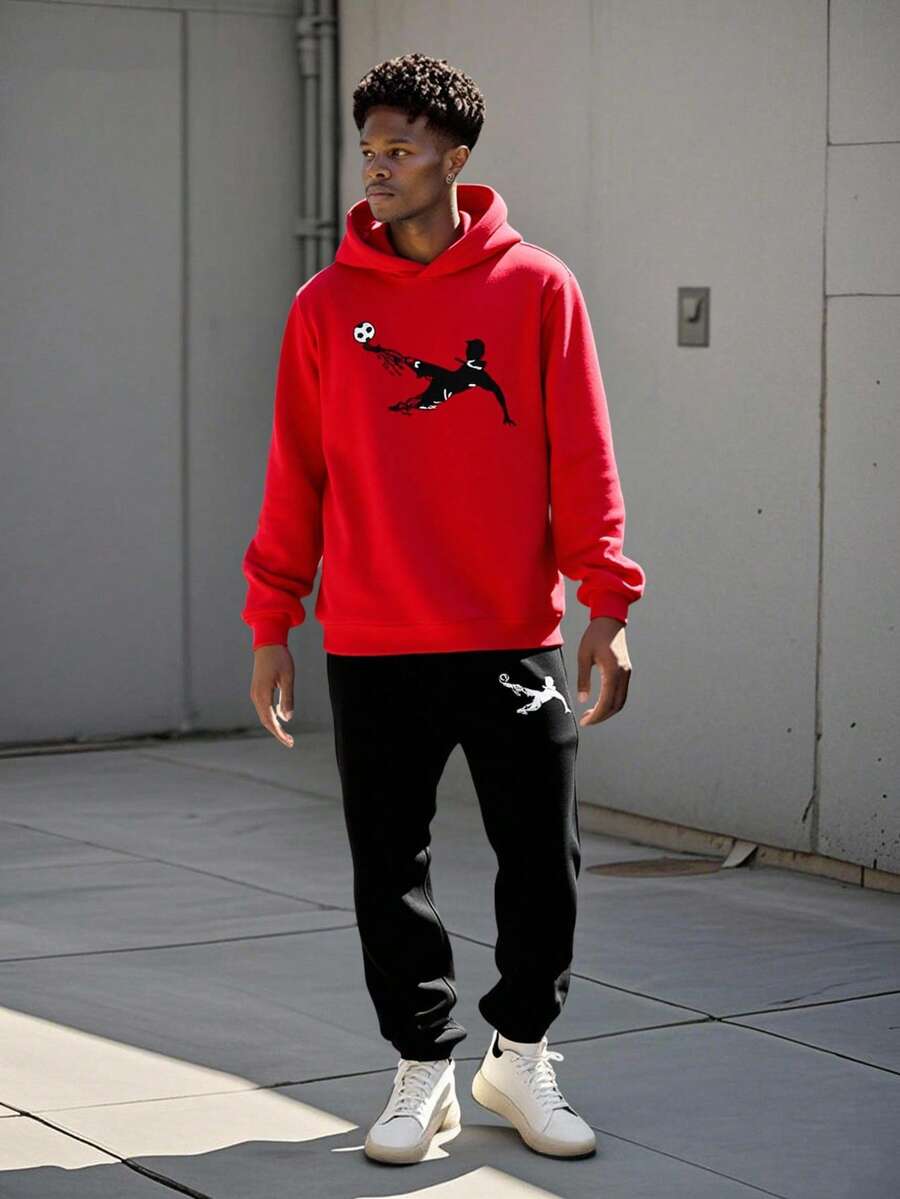 Vacaura Teenage Boys' Fashion Casual Sports Football Print Long Sleeve Hoodie And Sweatpants Set - Red - View 1