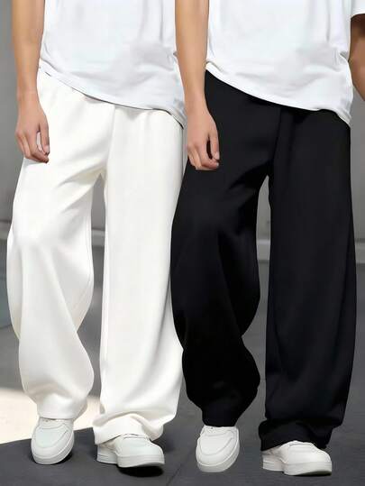  2 Packs Vacaura Boy Minimalist Casual Fashion Sports Black & Gray Marl Straight Leg Sweatpants, Suitable For Spring, Autumn & Winter