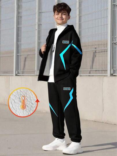 Vacaura 两件套青少年男童闪电印花针织外套（带保暖内衬）和运动裤，适合秋冬季外出穿着