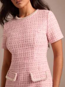 Enchnt Váy kẻ caro cổ tròn tay ngắn thanh lịch dành cho nữ - Hồng - Xem 3