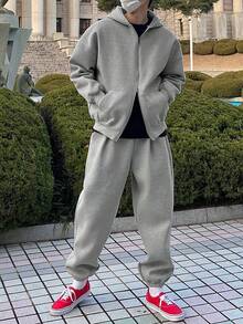 DAZY Bộ quần nỉ có dây rút và áo hoodie lót nhiệt màu xám cho nam, Thu/Đông - Xám - Xem 8