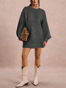 Freevana Plus Size Floral Textured Crew Neck Long Sleeve Sweater Dress/Winter - Dark Grey - View 7