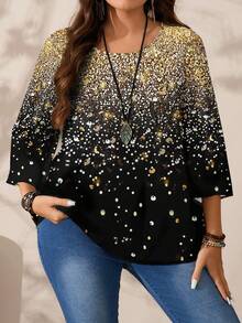 EMERY ROSE Camicia casual oversize da donna con stampa all-over, collo rotondo, maniche 3/4 larghe. Top con paillettes da donna in stile boho per autunno/inverno, con strass, top nero luccicante e paillettes, top di lusso per taglie forti. - Multicolore - Visualizzare 7