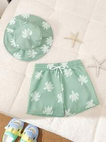 2pcs Baby Boys Swimwear Set, Cute Green Sea Turtle Pattern Swim Trunks With Detachable Hat, Adjustable Drawstring Beach Shorts - Multicolor - View 5
