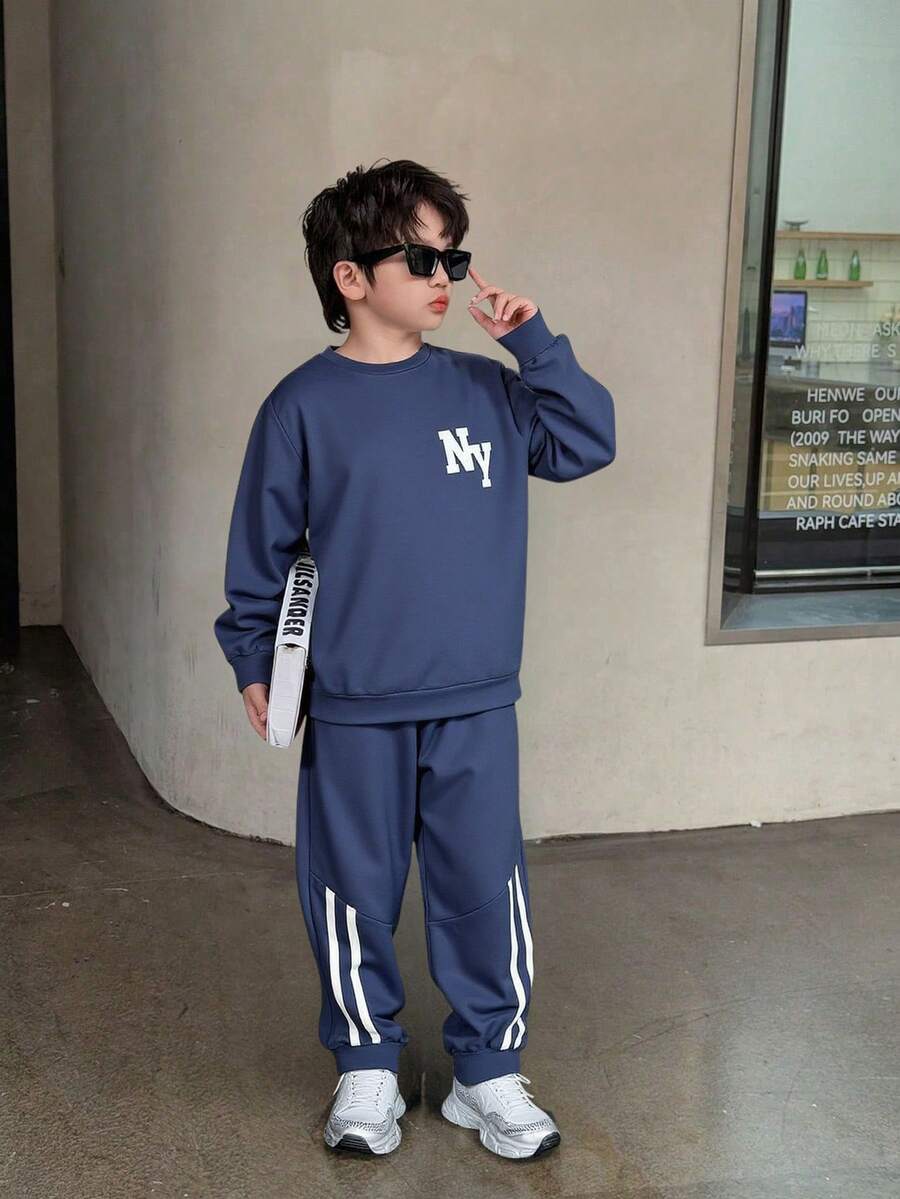 SHEIN Mirajuku Casual Oversized Letter Print Hoodie Set For Tween Boys, Suitable For Leisure, School, And Sports Wear - Dusty Blue - View 1