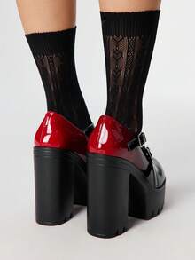 ROMWE Goth Women's Vintage Black-Red Ombre Thick Platform Chunky Heel Pumps, Spring/Autumn Fashion Dual-Tone Metal Buckle Elastic Band Closed Toe High Heel Oxfords For Christmas - Red - View 5