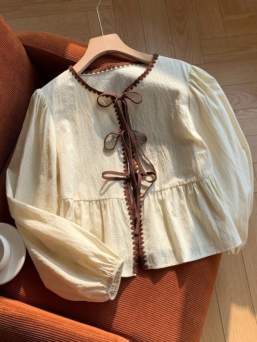 Comfortcana Áo cánh thời trang tay loe viền hoa buộc phía trước cho nữ - trắng - Xem 1