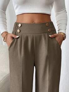 SHEIN PETITE CURVE Quần ống đứng hai khóa thanh lịch cỡ lớn dành cho nữ đi làm - Màu nâu  Mocha - Xem 5