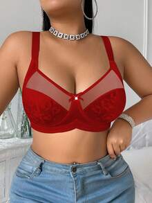 SHEIN 1pc Plus Size Women Contrast Mesh Wireless Bra - Red - View 5