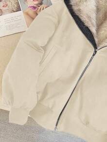 Franclia 时尚优雅休闲连帽仿皮草拼接厚款黑色女式夹棉大衣，秋冬款 - 杏色 - 查看 5