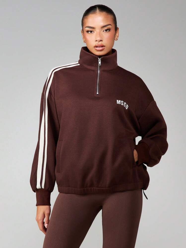 MISSGUIDED Funnel Neck Quarter Zip Sweatshirt With Contrast Side Stripes And Logo Print For Casual Fall Winter Wear