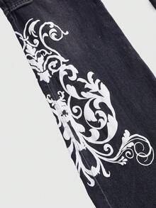 ROMWE Grunge Punk Jeans acampanados ajustados con estampado de vid estilo retro Y2K para mujeres - Negro - Ver 4