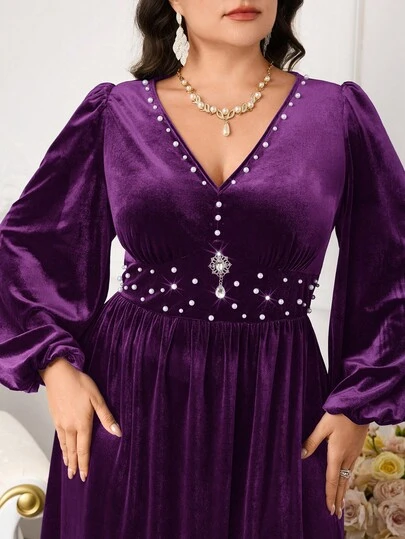 Modelyn Plus Size Women's Fashion Velvet Pearl V-Neck Long Sleeve Dress