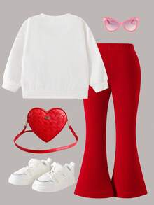 2pcs/Set Young Girls Cute Knitted Butterfly Decor Round Neck Long Sleeve Top And Red Flared Pants, Spring/Autumn