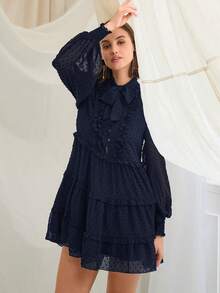 Enchnt Women's Fashion Tie Collar Round Dot Ruffle Hem Short Dress,Fall,Fall Clothes For Women,Women's Winter Clothes