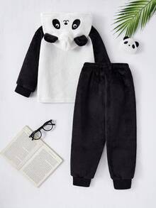 Genkimix Kids 2pcs/Set Boys' Playful Panda Embroidery Hooded Long Sleeve Top And Pants Casual Comfortable Loungewear Kids Loungewear Kids Pajama Kids Sleep Wear Kids Long Pajama Sets Kids Panda Pajama - Black and White - View 3