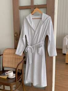 DAZY Women's Minimalist Patchwork Trim Hooded Long Robe, Autumn/Winter - Light Grey - View 6