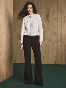 Arave Áo len cardigan tay dài thiết kế bong bóng hai màu, họa tiết hoa thủ công cắt thẳng dành cho nữ, thích hợp mặc đi làm hàng ngày, mùa thu/đông - Màu be - Xem 2