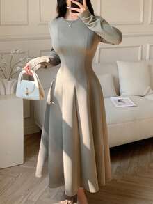 Feyla Đầm midi dài tay cổ tròn vai thường màu trơn dành cho nữ, thắt eo. - xanh quân đội - Xem 1