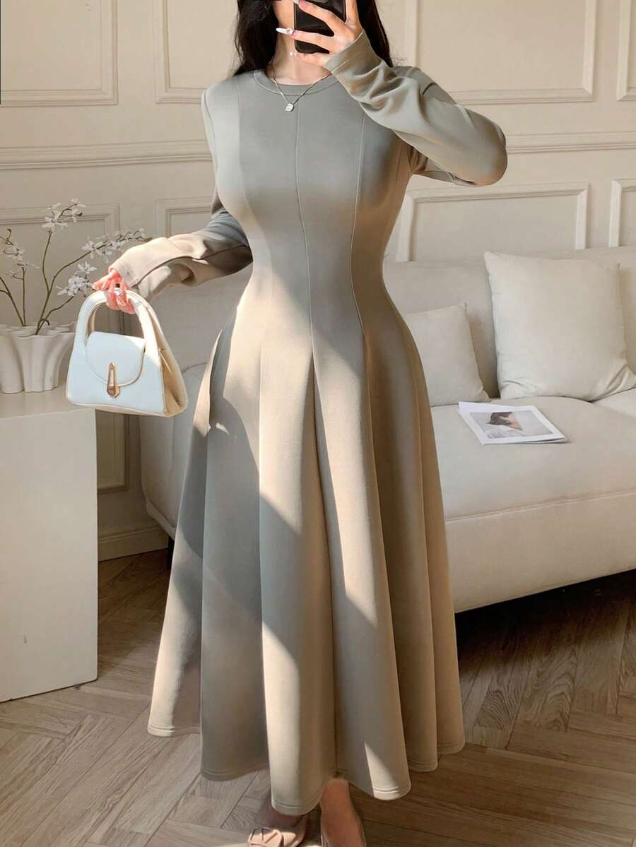 Feyla Đầm midi dài tay cổ tròn vai thường màu trơn dành cho nữ, thắt eo. - xanh quân đội - Xem 1