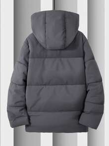 SHEIN Vacaura 1 件 Tween 男童户外运动保暖加厚外套，拉链开合，简约纯黑色，防尘 - 深灰色 - 查看 2