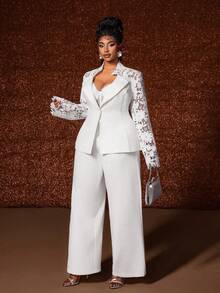 Maweii Bộ 2 món thanh lịch cho nữ cỡ lớn, áo khoác ren tay dài tương phản và quần ống rộng - trắng - Xem 4