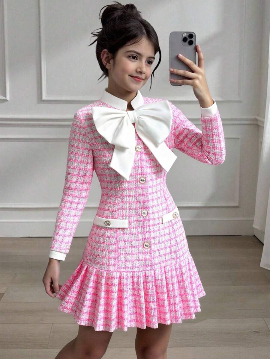 SHEIN 女童格子撞色蝴蝶结装饰长袖连衣裙 - 粉色 - 查看 1