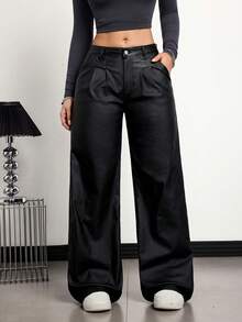 Jeanoix 女士高腰直筒宽松休闲黑色皮裤，显瘦百搭 - 黑色 - 查看 1