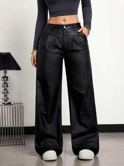 Jeanoix Pantalones de cuero negro casuales de cintura alta, pierna recta y corte holgado para mujer, estilizadores y versátiles