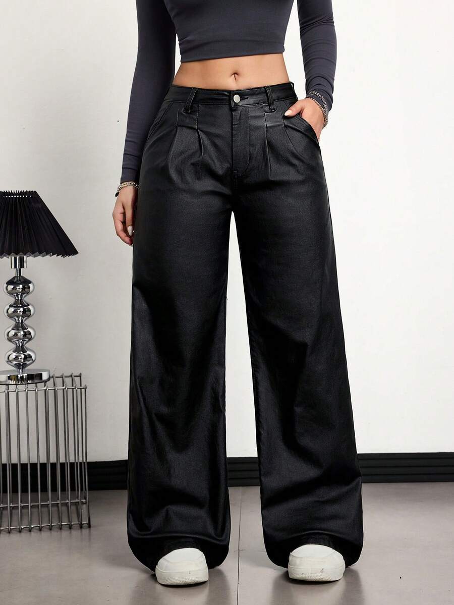 Jeanoix 女士高腰直筒宽松休闲黑色皮裤，显瘦百搭 - 黑色 - 查看 1