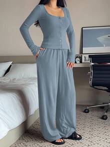 DAZY 女士抓绒针织修身上衣和宽松睡裤两件套，秋冬家居服 - 藍色 - 查看 5