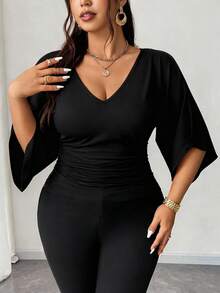 Elenzga 大码束腰休闲法式百搭T恤 - 黑色 - 查看 7