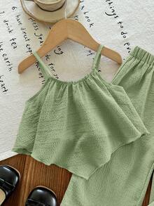 SHEIN LMoss Kids 2件套女婴纯色无袖上衣和宽松休闲裤套装 - 綠色 - 查看 3