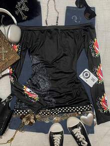 StreetHx Áo dài tay hở vai in họa tiết cá nhân thời trang Y2K dành cho nữ, Quần áo mùa thu dành cho nữ, Thời trang, Gái xinh Y2K - Nhiều màu - Xem 2