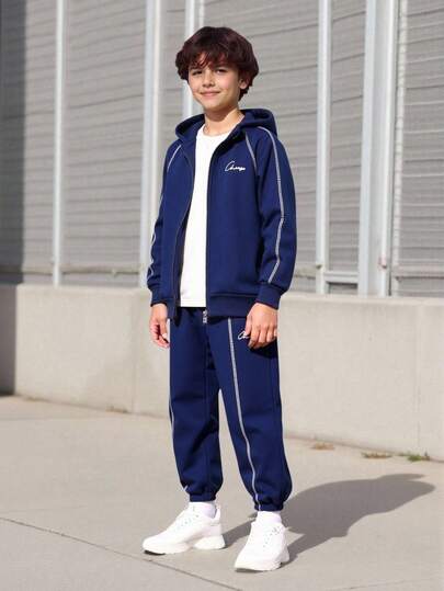 Vacaura 2pcs/Set Casual Fashion Contrast Stitching Raglan Sleeve Letter Print Crew Neck Sweatshirt And Elastic Waist Pocket Drawstring Pants Outfit, Loose Fit, Comfortable And Versatile For Boys, Suitable For Autumn, Spring, Winter, Daily Wear, Commuting, Outdoor, School, Streetwear, Party, Photography Fall