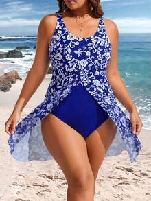 Swim Lushoire 大码女式印花撞色网眼吊带连体泳衣