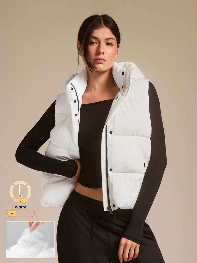 Windproof Lightweight Stand Collar Padded Sleeveless Puffer Hoodie Vest With Side Pockets Daily Casual Outdoor