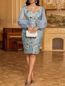 SHEIN Lady 女士优雅提花心形领灯笼袖中长连衣裙，秋季 - 湖藍色 - 查看 6