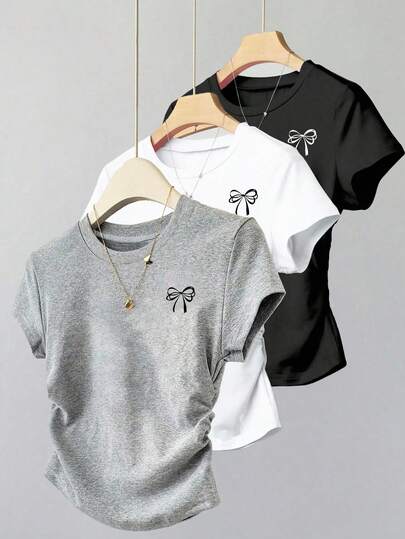 Sparklyn 3pcs/Set Tween Girl Minimalist Bow Graphic Tee Combo, Crew Neck Fitted Tops In Black, White, Gray, Comfortable Casual For School, Outing, Holiday, Daily Wear