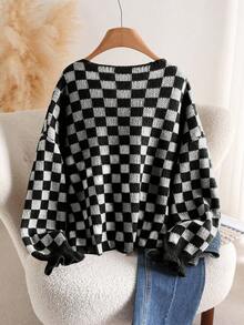 CosyJoli Plus Size Women Casual Checkerboard Lace-Up Cardigan, Autumn/Winter - Black and White - View 3