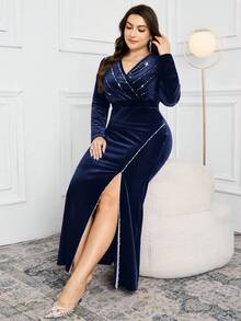 Modelyn Vestido elegante de manga larga con cuello en V, decoración de rhinestones y abertura lateral para mujer de talla grande - Azul Marino - Ver 6