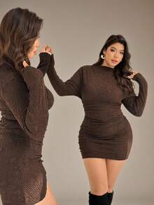 Auralis Plus Size Chocolate Brown Autumn Elegant Night Out Club Long Sleeve Mini Dress,Ruched Textured High Stretch Slim Fit Bodycon Commuter Formal Dinner - Brown - View 7